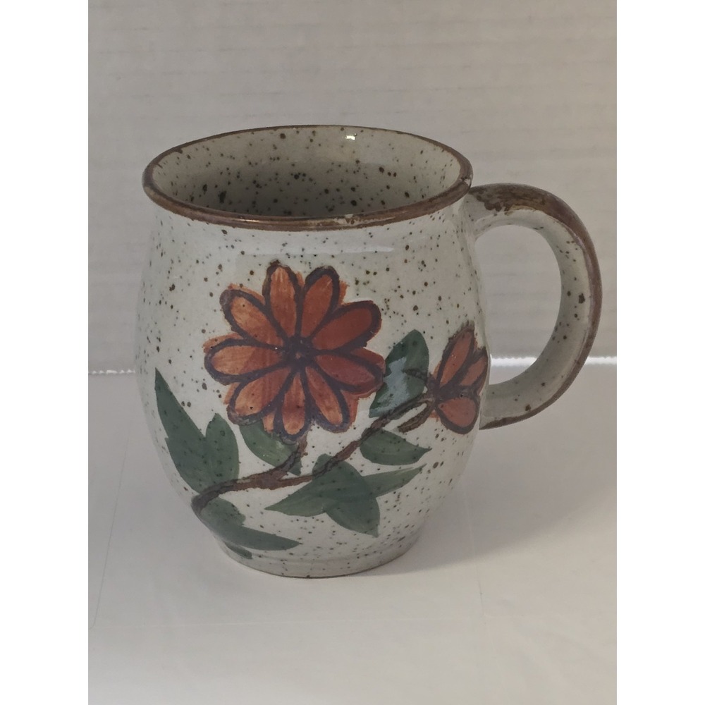 Vintage 1970's Otigari Style Speckled Mugs with Red Flowers Boho Kitchen